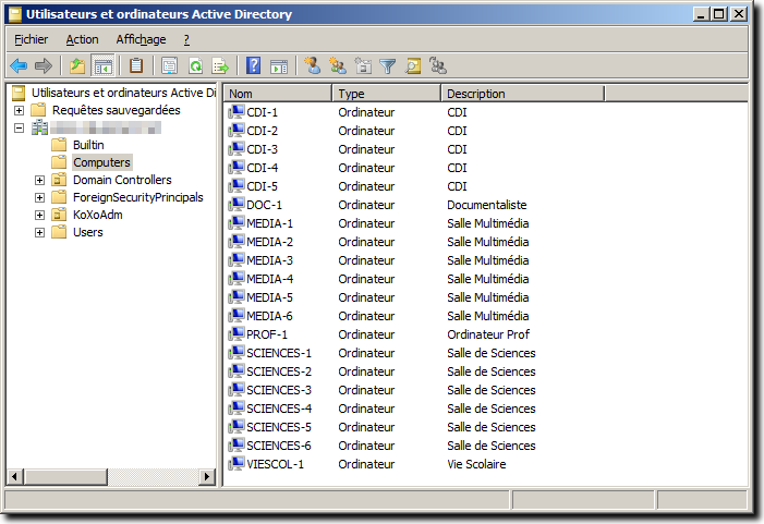 3 Classement des ordinateurs Au démarrage de KoXo Computer on obtient une interface «style MMC» avec sur la partie gauche l arbre Active Directory, dans lequel seuls, les containers, unités d