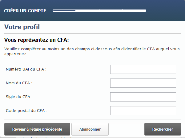 Je crée mon compte Je choisis «créer un compte» dans le menu en haut à gauche de l écran. Je choisis le profil «Vous représentez un CFA».