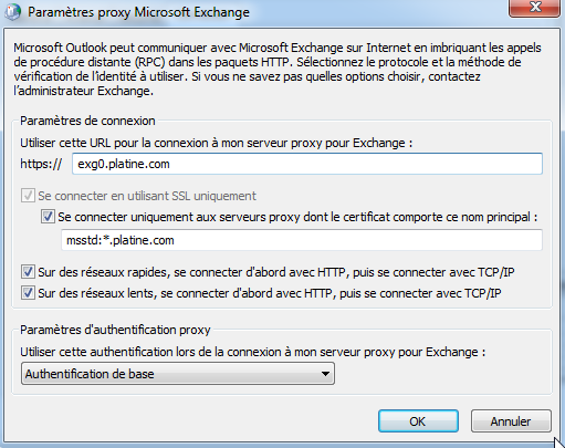 Vous devriez avoir maintenant la fenêtre de «Paramètres proxy Microsoft Exchange».