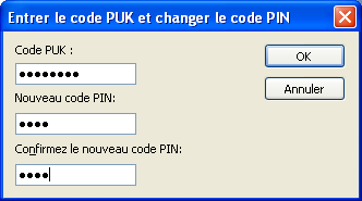 - Saisissez le code PUK (indiqué sur le support en plastique qui encadre la carte SIM) dans le champ code PUK, - Choisissez un nouveau code PIN pour votre carte SIM et saisissez le une