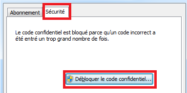 Cliquez sur l onglet «Sécurité», plus cliquez sur «Débloquer le code confidentiel» Entrez le code PUK (indiqué sur le support en plastique qui encadre la