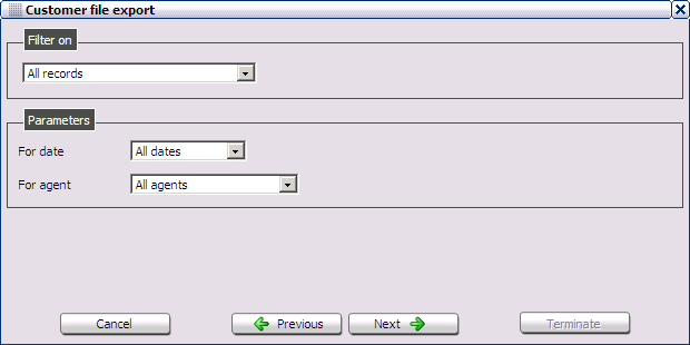Filtre sur : la liste suggère de sélectionner «toutes les fiches», ou «toutes les fiches excepté rappels et relances». Le filtre indique le(s) type(s) d appel à inclure dans l export.