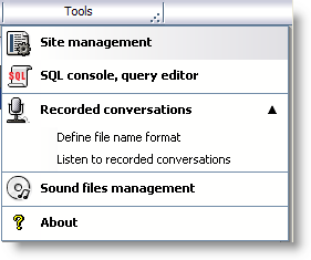 11. OUTILS Ce menu donne accès aux options suivantes : - gestion du site - console SQL, éditeur de requête - conversations enregistrées - management des fichiers son - à propos 11.