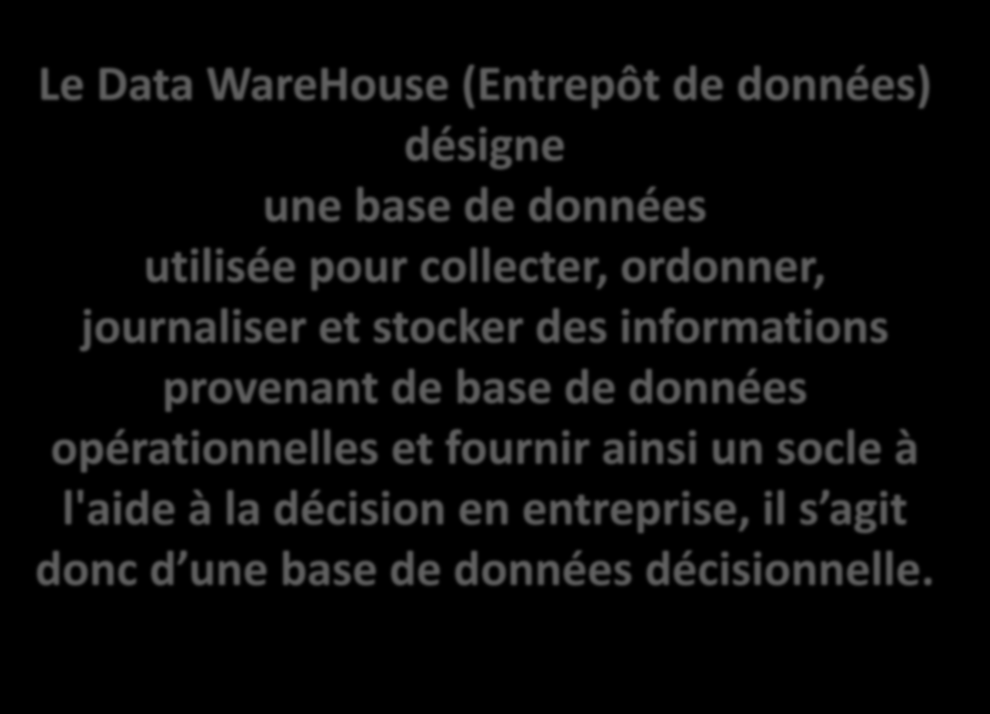 Le Data WareHouse (Entrepôt de données) désigne une base de données utilisée pour collecter, ordonner, journaliser et stocker des informations