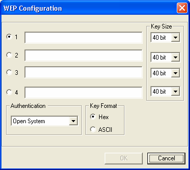 4.4.2 Configuration CCX Encryption 1-4 (Cryptage 1-4) Key size Authentication Key Format Pour configurer les paramètres WEP.