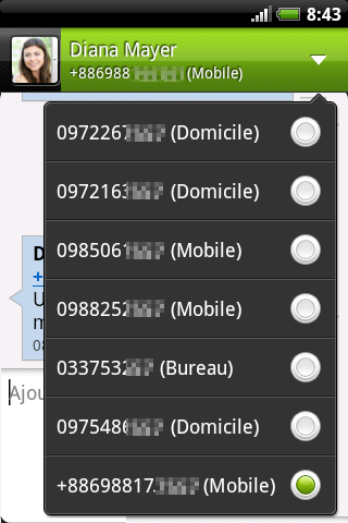 114 Messages Répondre en utilisant un autre numéro de téléphone du contact Si plusieurs numéros de téléphone sont stockés dans votre HTC Explorer pour un même contact, le numéro de téléphone utilisé