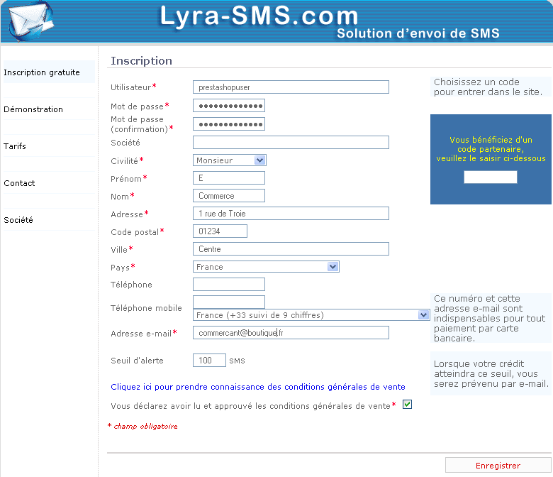 4. Souscription au service Lyra SMS 4.1. Inscription sur le site Lyra SMS Rendez-vous à l adresse suivante pour vous inscrire : http://ecommerce.lyrasms.com/bulksms/abonne/inscription.jsp?