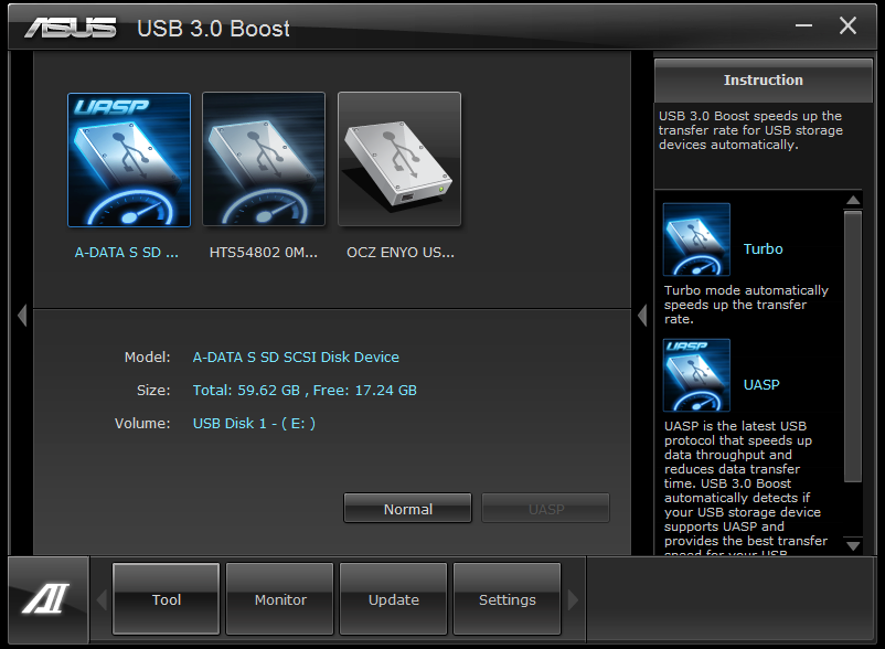 4.3.6 USB 3.0 Boost La fonction exclusive ASUS USB 3.0 Boost prend en charge le protocole UASP (USB Attached SCSI Protocol) permettant de booster le débit de vos périphériques USB 3.0 jusqu à 170%.