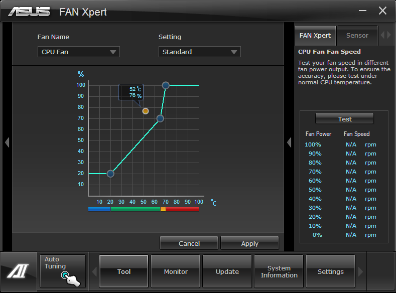 4.3.9 FAN Xpert Fan Xpert vous permet d ajuster intelligemment la vitesse des ventilateurs CPU et châssis en fonction de la température ambiante et de la charge du système.