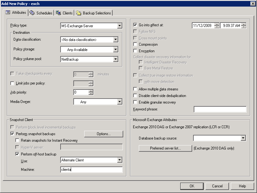 Configuration de l'application NetBackup for Exchange Configuration des sauvegardes de clichés Exchange Server 103 5 Cliquez sur Effectuer des sauvegardes de clichés.