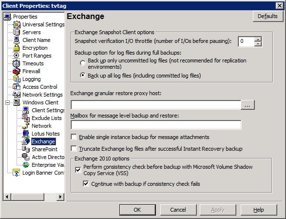 Configuration de l'application NetBackup for Exchange Configuration des propriétés de l'hôte pour les clients Exchange 133 5 Développez Client Windows et cliquez sur Exchange.