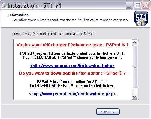 Chapitre 1 ST1 (Installation-Protection) 3 Procédure d'installation 1.1 - INSTALLATION La procédure d'installation s'exécute en lançant le programme «Setup ST1 v1.23_x.