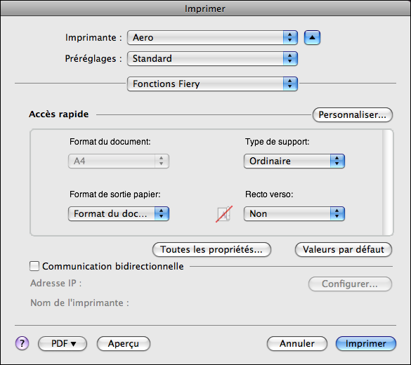 MAC OS X 32 Certaines options, comme les paramètres couleur professionnels, sont disponibles uniquement si la communication bidirectionnelle est activée ou si une option installable spécifique a été