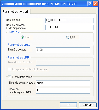 WINDOWS 50 11 Cliquez sur Configurer le port dans l onglet Ports de la boîte de dialogue des propriétés. La boîte de dialogue Configuration de moniteur de port standard TCP/IP s affiche.