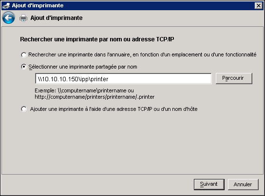 WINDOWS 53 REMARQUE : L URL de l imprimante ne tient pas compte des majuscules et des minuscules. 6 Windows 2000/XP/Server 2003/Vista : Cliquez sur Suivant.