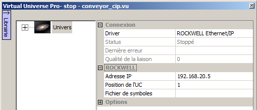 Connexion à un automate Rockwell Compact Logix, Control Logix ou à un émulateur Softlogix L'adresse IP de l'automate ou du PC où est lancé Softlogix doit être renseignée ainsi que la position de l'uc