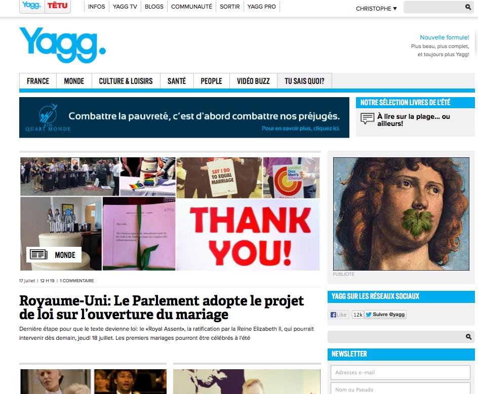 A la fois site d information et de divertissement, réseau social communautaire (10 825 membres), Yagg propose également une plateforme de blogs (906 blogs), une chaîne Yagg.