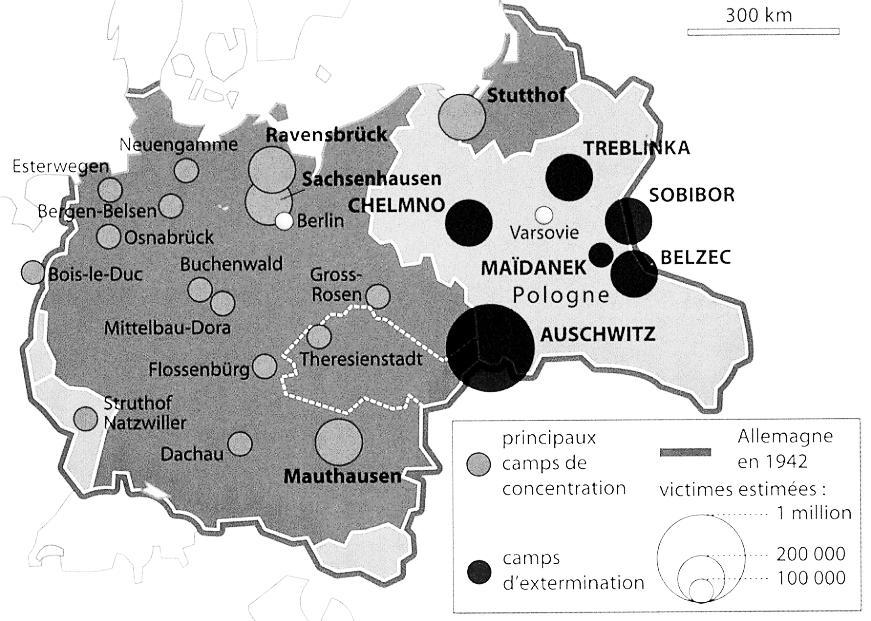 Document 3: Carte des camps de concentration et d'extermination et bilan du génocide des juifs Le génocide des juifs: Europe de l'est : 4.