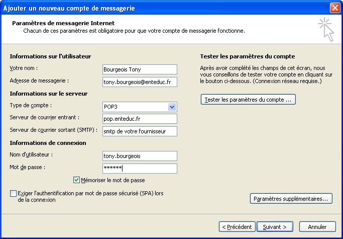 REFO-MU-ENTV2-Configuration des mails en POPS-.docx - 10/11/11 Page 10 / 17 De retour sur des paramètres de la messagerie, Cliquer sur le bouton «Tester les paramètres du compte».