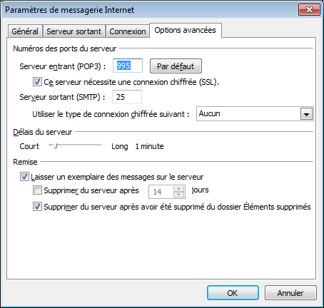REFO-MU-ENTV2-Configuration des mails en POPS-.docx - 10/11/11 Page 9 / 17 Dans la nouvelle fenêtre cliquer sur l onglet «Options avancées».