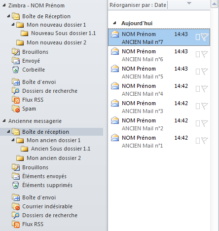 Dans la fenêtre «Courrier» de Outlook, vous pouvez maintenant visualiser les mails de votre «Ancienne messagerie» (1), ainsi que les mails de votre nouvelle messagerie «Zimbra NOM Prénom» (2).