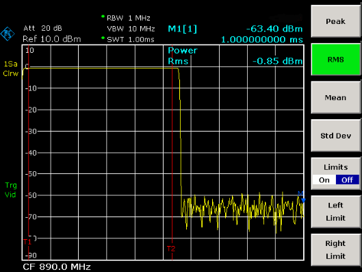 R&S FSL Mesures sur la plage de représentation zéro Le R&S FSL affiche un écran figé, le burst GSM étant au début de la courbe de mesure.