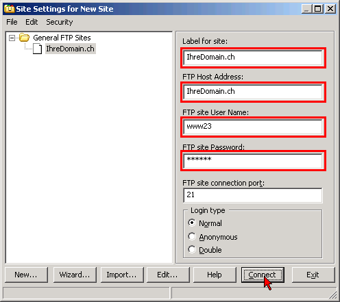 3 Sélectionnez dans le menu "File" -> "Site Manager" et saisissez les données suivantes : Sous "Label for Site", vous pouvez donner un nom à cette connexion, par exemple votre nom de domaine.