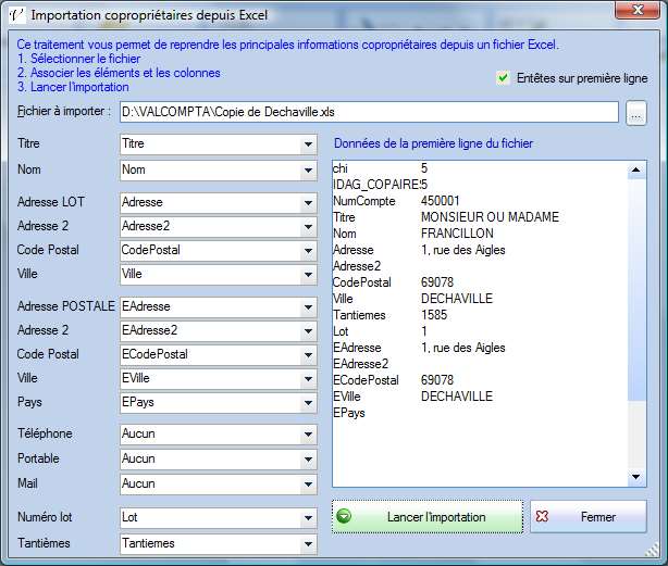 Importation des copropriétaires depuis un fichier Excel Dans le menu Principal Importation initiale, ce traitement propose de sélectionner un fichier Excel avec les copropriétaires et les principales