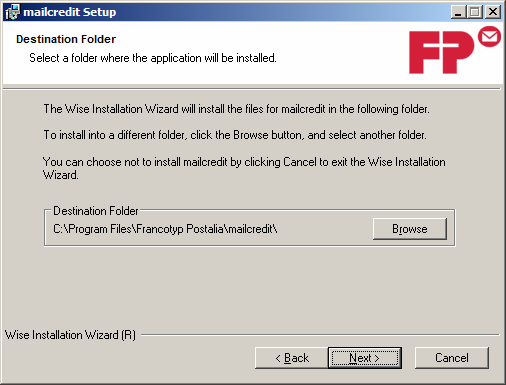 Annexe 1: Installer mailcredit sous Windows XP 3 Confirmer avec [Next (Suite)]. L assistant vous invite maintenant à définir le chemin d accès.