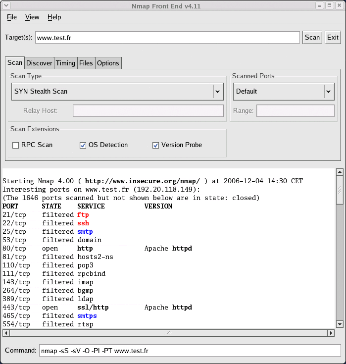 Chapitre 4. Scanner les ports furtif 3 ). Par ailleurs on peut constater qu un service SSH existe et que les services rsh, rlogin ne sont pas désarmés (il faut le faire). 4.1.2.