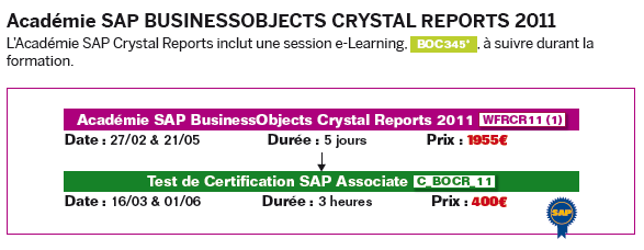 Académie SAP BusinessObjects Crystal Reports 2011 L Académie SAP BusinessObjects Crystal Reports 2011 est constituée par deux cours BOC310_96 et BOC320_96.