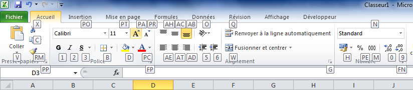 UTILISATION DU CLAVIER L utilisation du clavier pour exécuter des commandes est toujours possible avec Excel 2010 et l interface correspondante a été améliorée depuis la version 2007 d Excel.