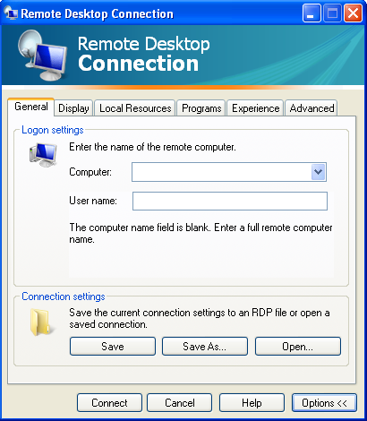 Configuration de l apparence 2. Cliquez sur «Options» (options). La fenêtre «Remote Desktop Connection» (Connexion à distance au bureau) s affiche montrant l onglet «General» (général). Figure 34.