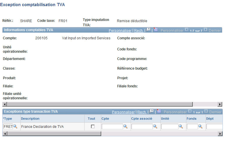 Utiliser la TVA Chapitre 5 Saisir des éléments de clé TVA pour les exceptions de type de transaction TVA Accédez à la page Exception comptabilisation TVA (Configurer Finances/SCM, Définitions