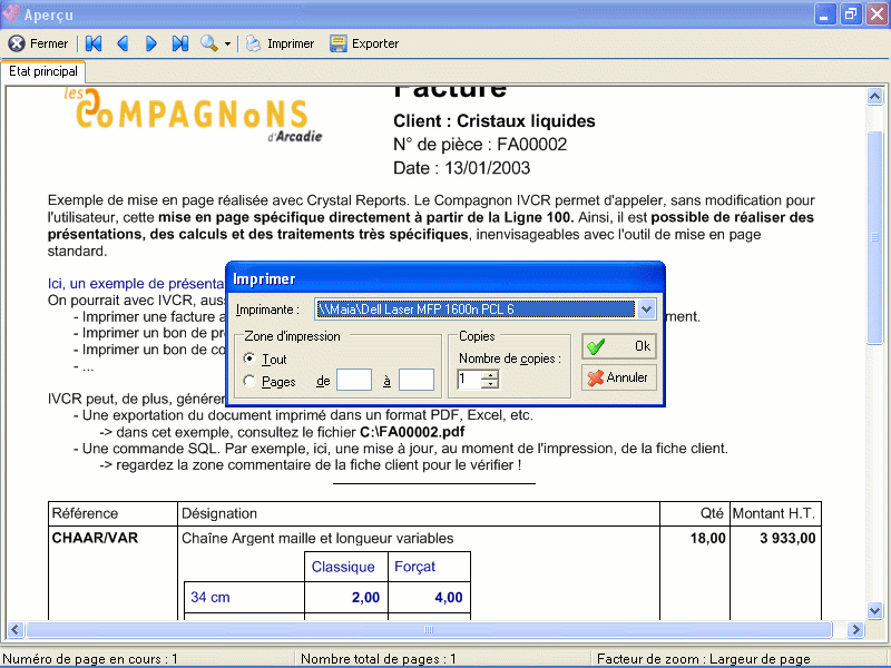CoMPAGNoN IVCR Impression vers Crystal Report Pour Sage 100 Cbase + ODBC SQL Server SQL Express Le Compagnon «Impression Vers Crystal Reports» (IVCR) est une solution souple qui permet, sans quitter