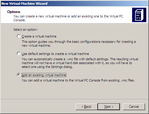 En plus de la fenêtre principale du Virtual PC, la fenêtre New Virtual Machine Wizard apparaîtra aussi.