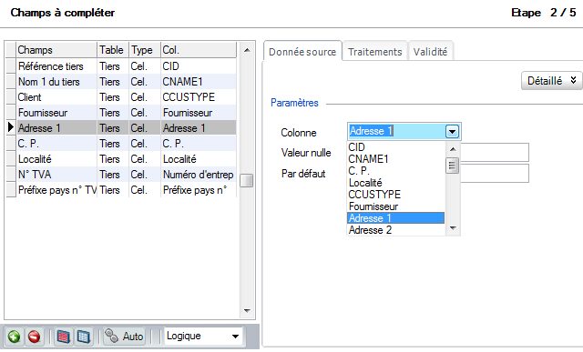 Etape 2 Liaison des données du fichier Excel avec les signalétiques Sage BOB 50 Onglet Donnée source Cette opération consiste à relier les données Sage BOB 50 sélectionnées aux données du fichier