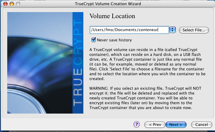 Création d un conteneur TrueCrypt sous Mac OS X Choisissez un fichier et cliquez sur «Save»