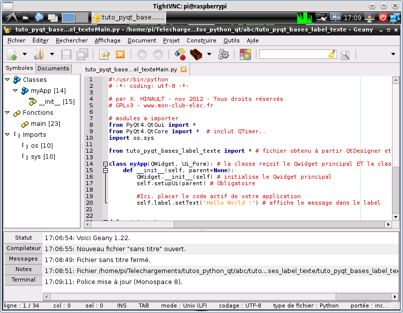 Capture de la fenêtre VNC d'accès distant au bureau du RaspberryPi : l'éditeur Geany à coloration syntaxique est lancé et le processeur reste