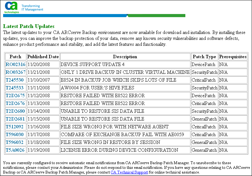 Fonctionnement de CA ARCserve Backup Patch Manager Notifications par courriel CA ARCserve Backup Patch Manager permet d'envoyer des notifications par courriel automatiques pour les événements