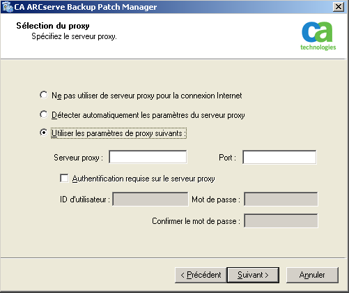 Options d'installation Sélection de l'option de proxy Sélectionnez l'option Proxy pour indiquer si les patchs doivent être téléchargés via un serveur proxy.
