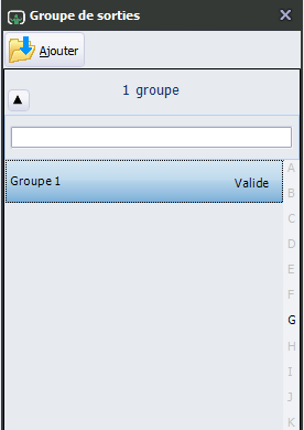 ORCHESTRA a une capacité de 100 groupes de sorties. Par défaut la liste ne contient aucun groupe de sortie. La liste comprend un menu, un champ de recherche et le nombre de groupes.