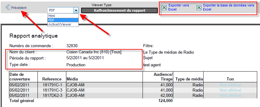 L'information fournie dans le rapport analytique peut être exportée dans le tableur Excel ou dans une base de données Excel.
