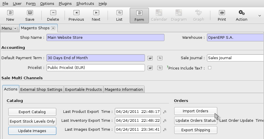 3.5.9 Import des Achats À ce stade, nous pouvons importer le nouvel achat dans OpenERP depuis l écran de gestion de boutique ( Magento Shops ).