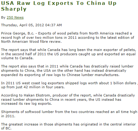 VIII) Les Etats-Unis Les exportations de grumes des USA vers la Chine ont fortemet progressé : Les volumes de pellets exportés d Amérique du Nord ont dépassé les 2 millions de tonnes en 2011, d après