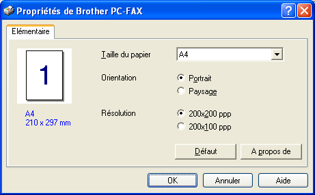 Paramètres de Fax Brother PC-FAX Pour modifier les paramètres du pilote, cliquez sur le bouton Configuration et ensuite sur le bouton Options. Sélectionnez Taille Papier, Source Papier.