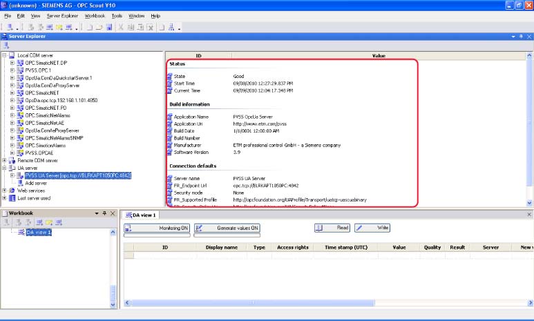 Echange de données via OPC 5.2 Accès aux données via OPC (UA) 7. Cliquez sur le serveur pour afficher l'état de liaison et les paramètres par défaut de la liaison.