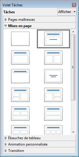 4.2 Mise en page La mise en page d'une diapositive permet de mettre en place les différents objets : textes, images, graphiques ou tableaux. Vous pouvez le faire à partir d'un modèle de mise en page.