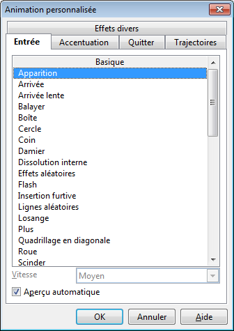 Une boîte de dialogue apparaît afin de choisir le type d'animation à appliquer sur l'objet.