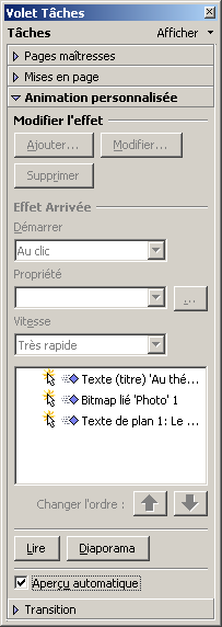 Refaites l'opération pour les deux autres objets en sélectionnant : pour la photo, un effet d'entrée «Tourbillon (intérieur)» ; pour le texte de plan, un effet d'entrée «Arrivée».